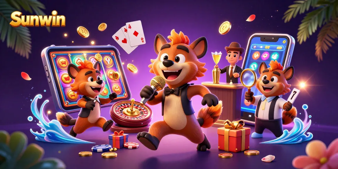 Sunwin showcases an entertaining comedy casino scene with hyenas, games, and vibrant decorations.