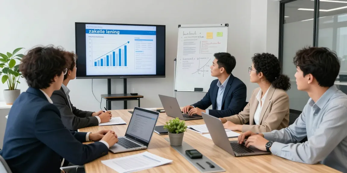 Professionals die zakelijke lening opties bespreken in een moderne kantooromgeving met documenten en laptops.