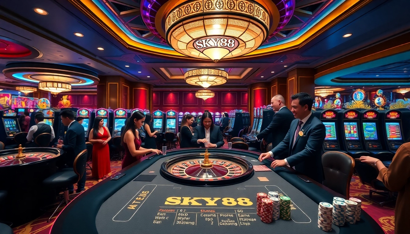 SKY88 gaming table filled with players betting on roulette and slot machines.