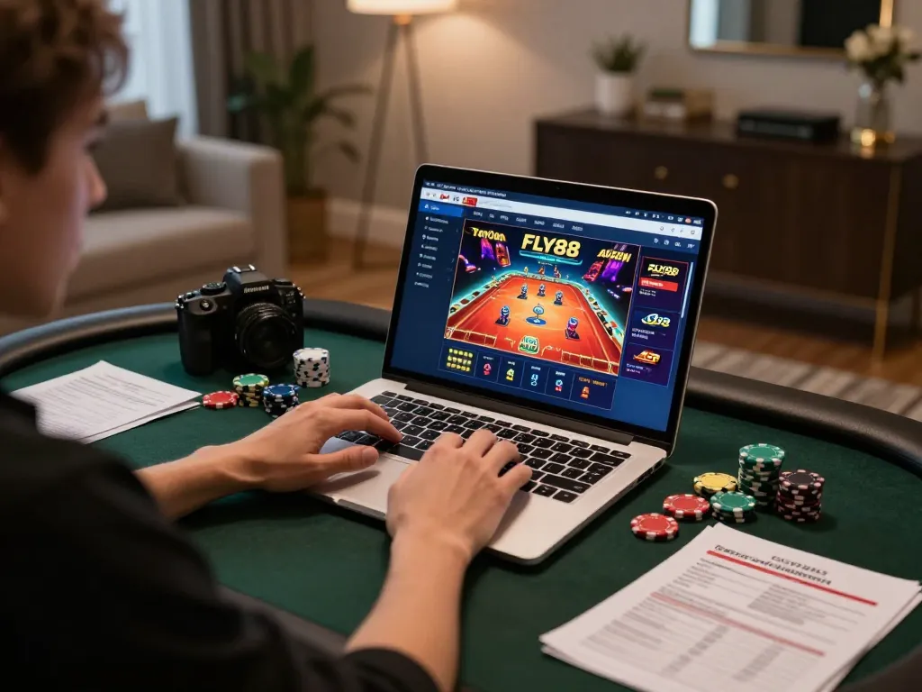 Engaging gameplay on FLY88 platform with exciting casino interface on laptop during cozy home session.
