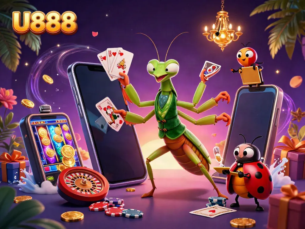 Experience thrilling adventures with U888 as a giant praying mantis dealer and its friends in an exciting casino scene.