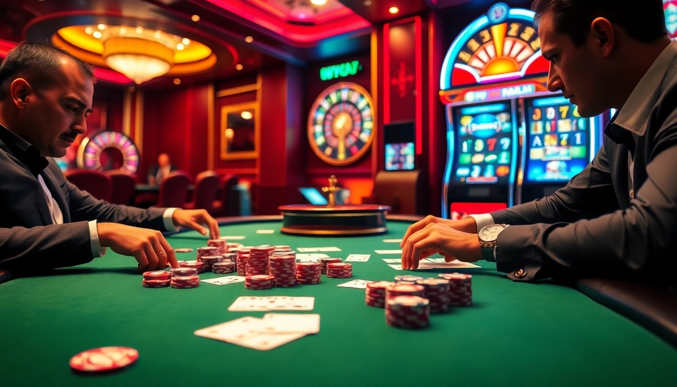 Players strategizing at a poker table in a luxurious casino setting, representing https://du88.us.com/ and high-stakes excitement.