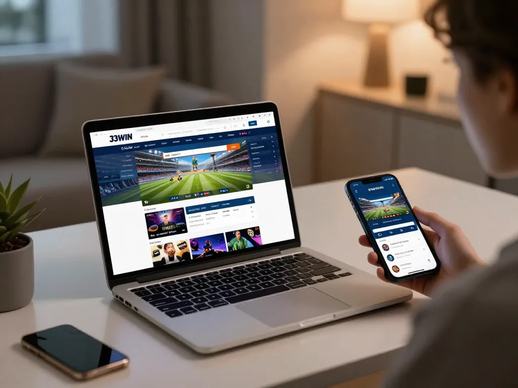 Engage with 33WIN betting platform in a cozy home office setting for responsible gaming.