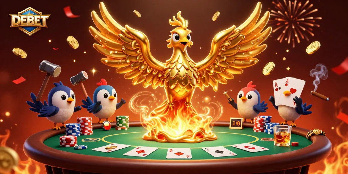 Experience vibrant gaming action at DEBET with a molten phoenix and poker elements.