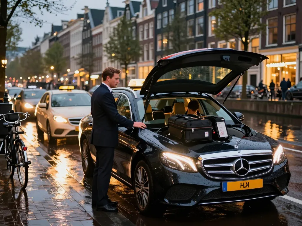 Taxi Amsterdam met professionele chauffeur naast slanke Mercedes in een bruisende stad, die luxe vervoer toont.