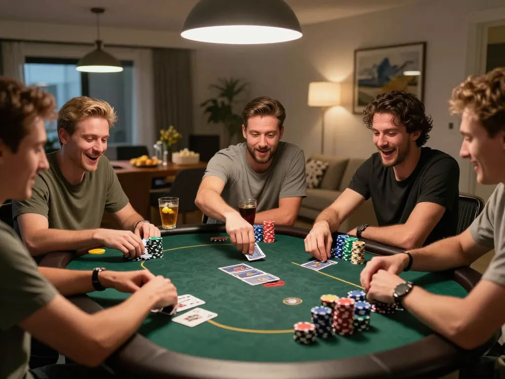 Enjoying a lively home poker game with friends, highlighting strategies and camaraderie at jtg88.com.