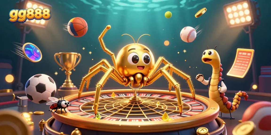 Experience thrilling bets at gg888 with a spider dealer and roulette wheel in a dynamic casino scene.