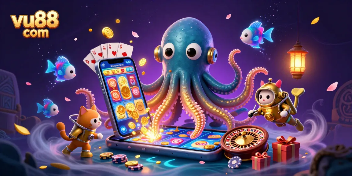 Engage in high-stakes gaming action with vu88 com amidst a kraken and a diving cat, golden coins, and explosive fun!