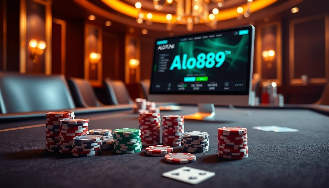 Alo789 Link interface displayed on a sleek device amidst an elegant casino setup, featuring chips and cards.