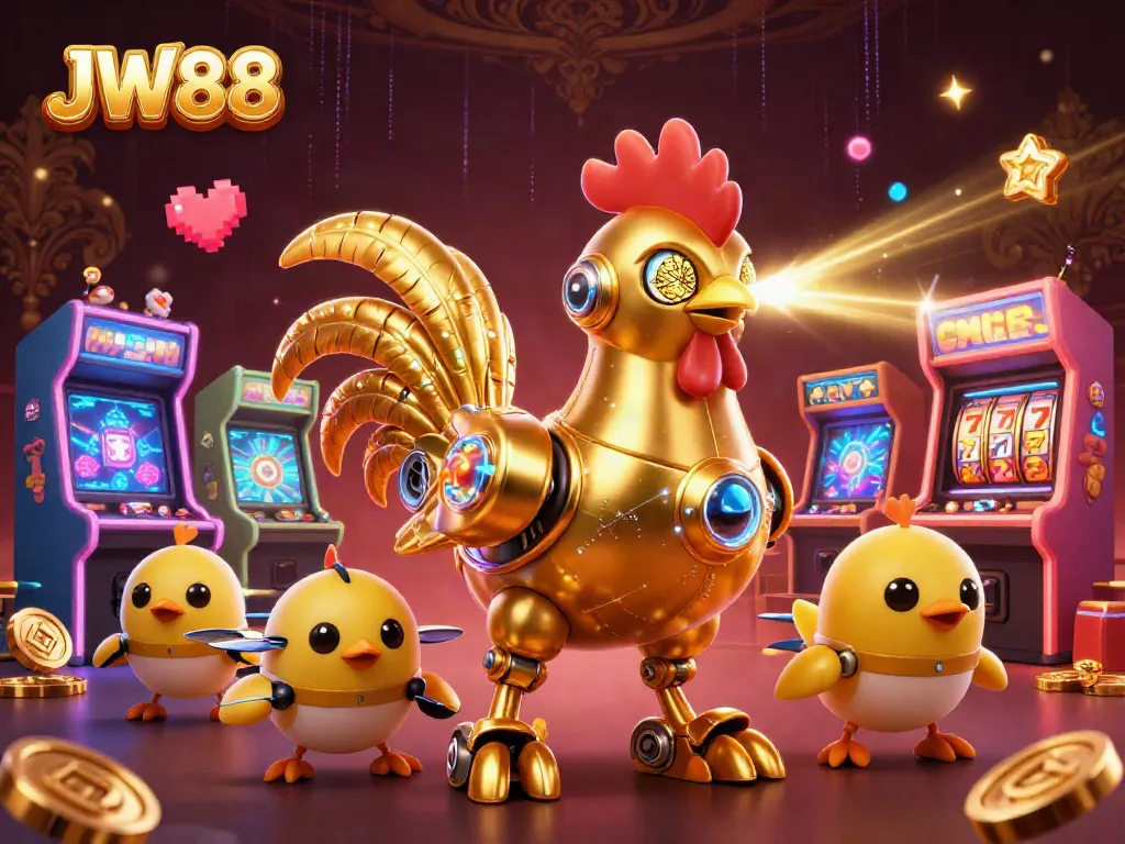 Engage in thrilling casino excitement with JW88 featuring a golden rooster robot and colorful gaming elements.