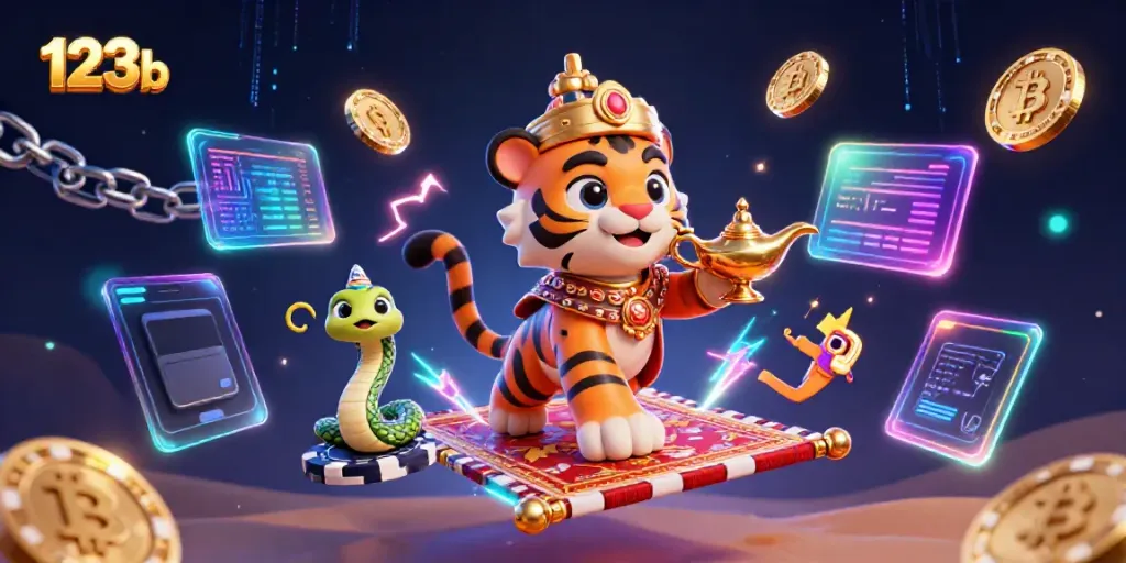 Spin the luck with 123b's magical tiger sultan atop a poker chip carpet, amidst glowing crypto coins.