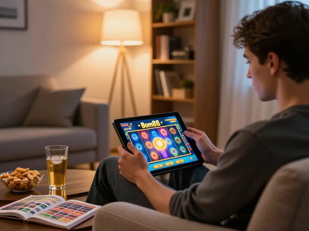 Player enjoying Bom88 slots game on tablet in cozy home environment, relaxed atmosphere with snacks nearby