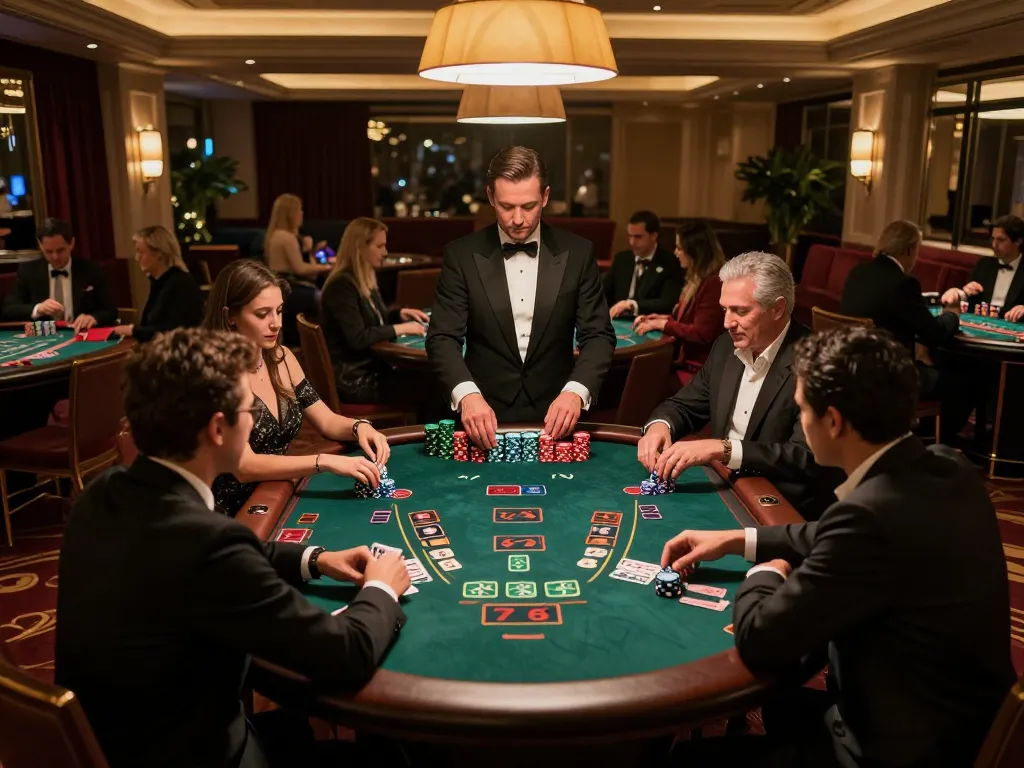 Players engaging in a high-stakes blackjack game at an upscale casino, showcasing GA88 excitement and strategy.