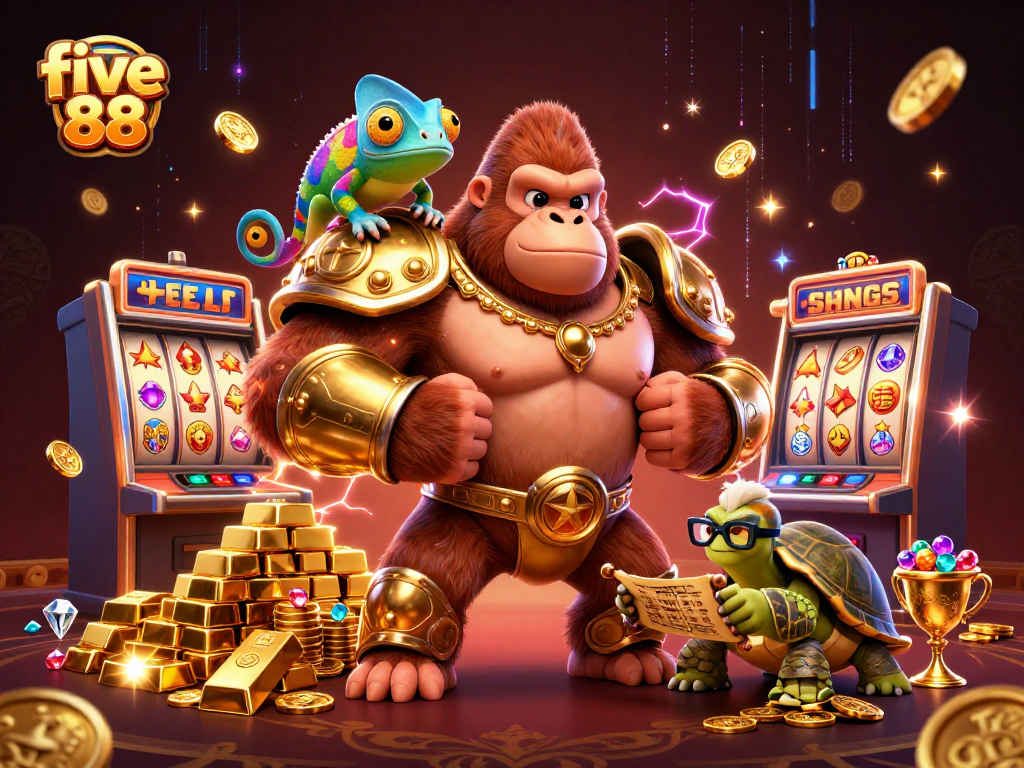 Engage in the vibrant world of five 88 with festive slot machines and gold treasures in a dynamic casino scene.