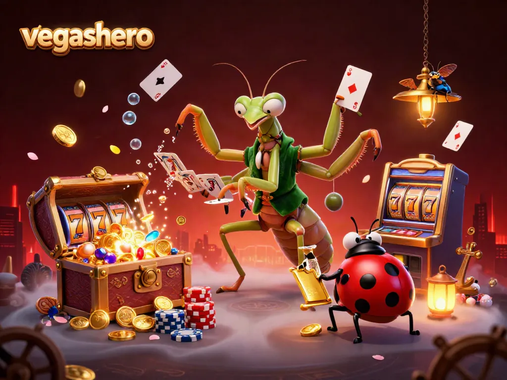 Experience the thrill of vegashero with a vibrant casino scene featuring a giant praying mantis card sharp, ladybug pit boss, and festive game elements.