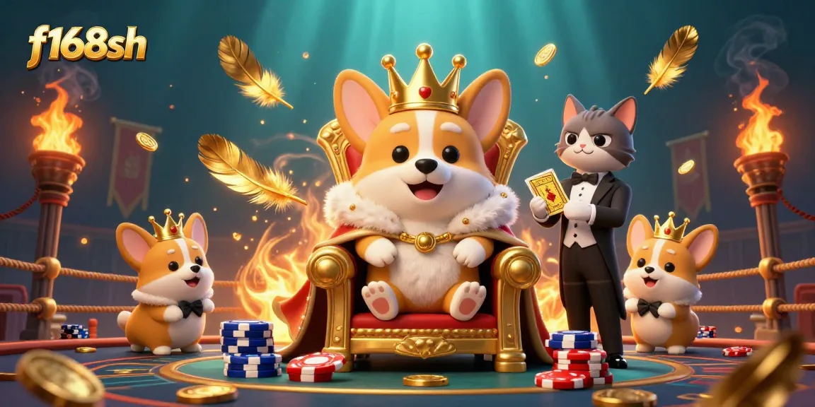 Bet on f168sh with royal corgi and golden card deck amidst a dynamic casino backdrop.