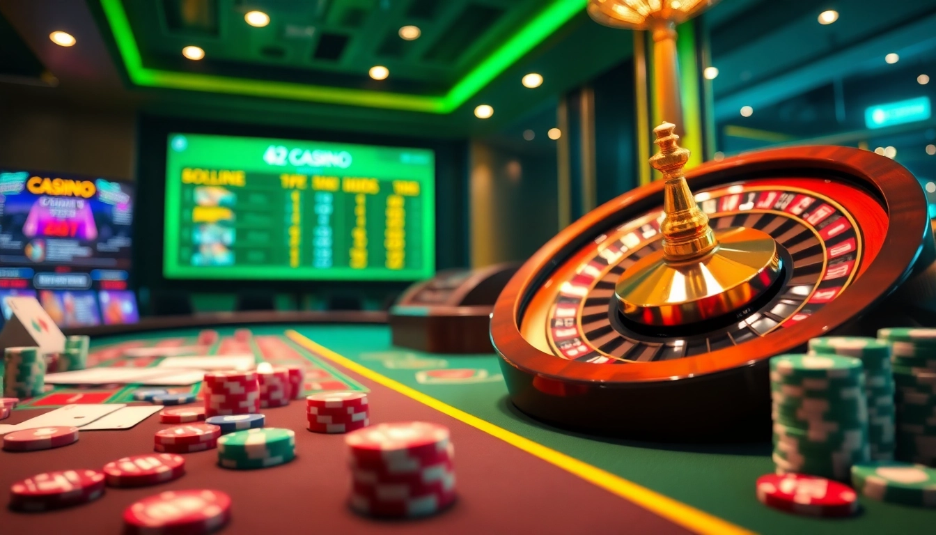 A lively gaming scene at https://32win.free/ with vibrant casino tables, cards, and betting action, capturing the excitement of online gambling.