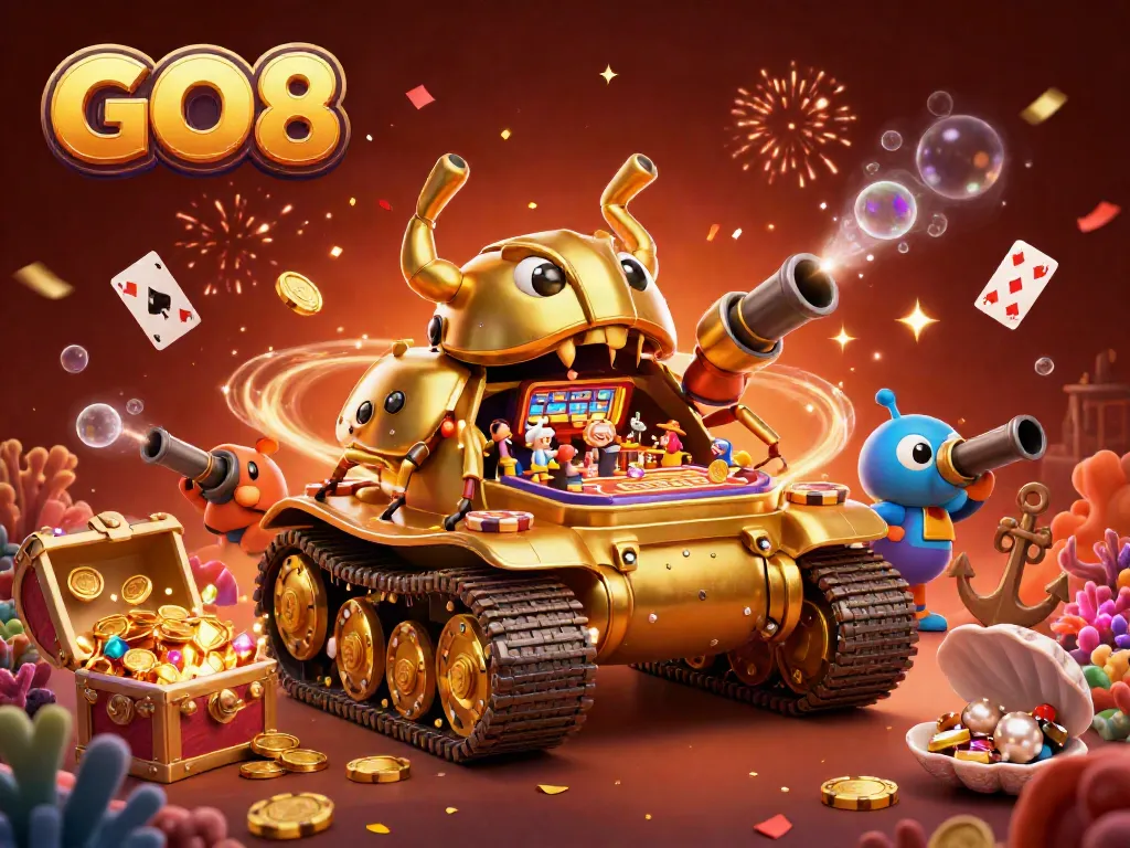Experience GO8's vibrant casino adventure with a golden beetle tank bursting with fun and excitement.