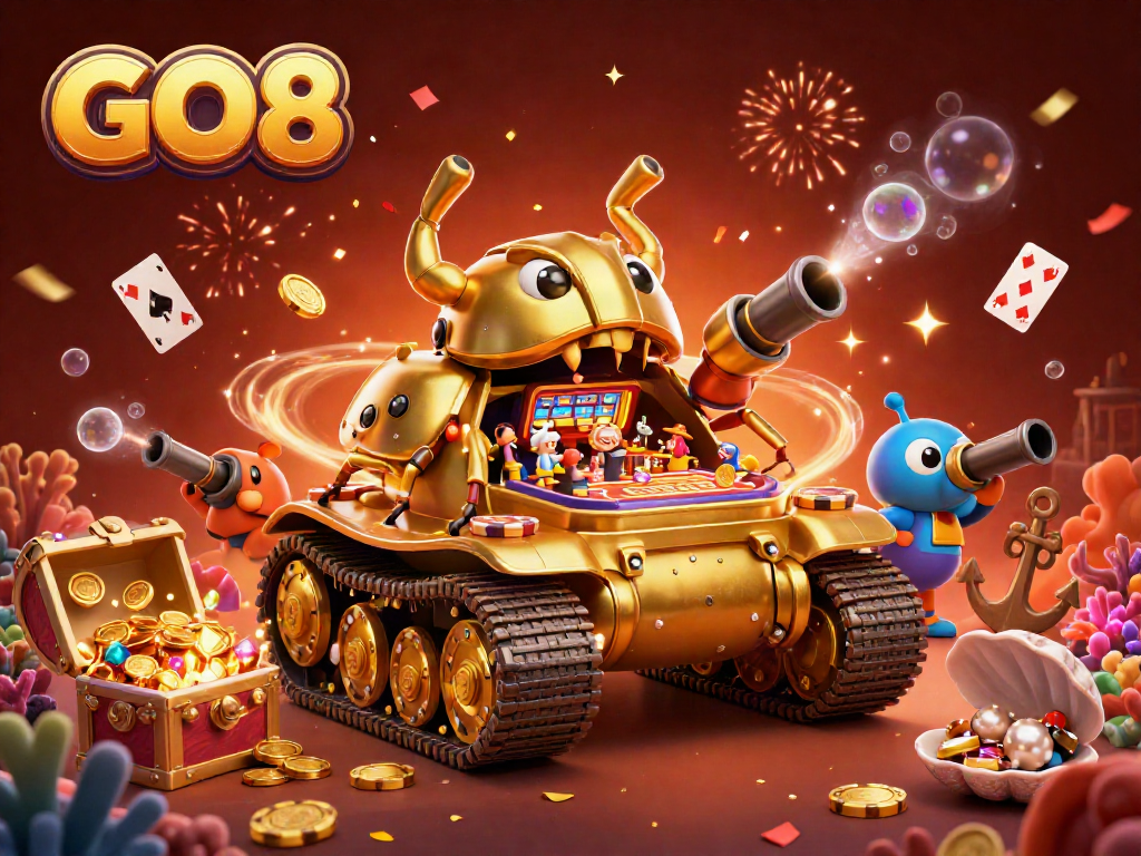 Experience GO8's vibrant casino adventure with a golden beetle tank bursting with fun and excitement.