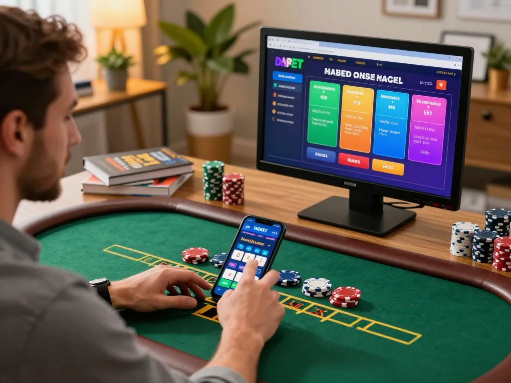 DABET online gaming setup with a player interacting with live dealer blackjack, showcasing a cozy atmosphere.