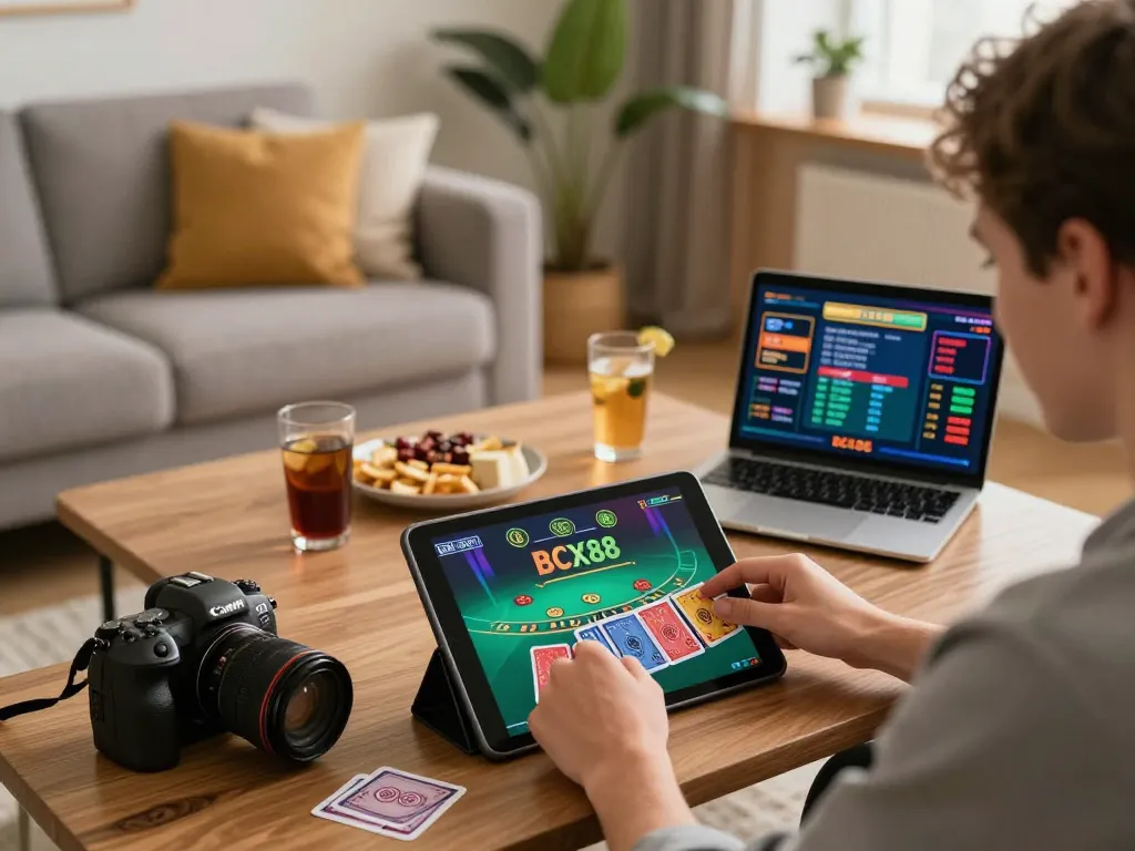 Engaged player enjoying blackjack on tablet, emphasizing responsible gaming with BCX88.