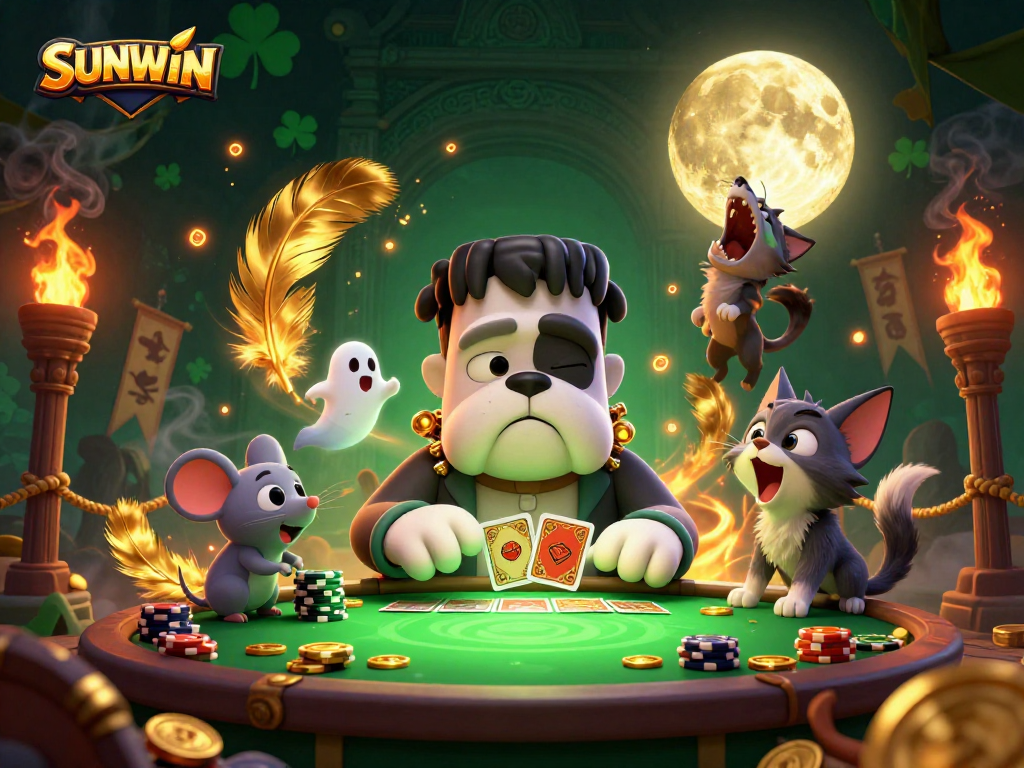 SUNWIN offers an exciting gaming experience with atmospheric elements featuring engaging characters at a casino table.