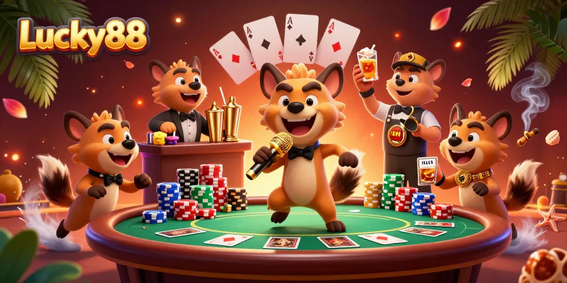 Lucky88 hyenas running a comedy casino club, showcasing vibrant casino elements and lively atmosphere