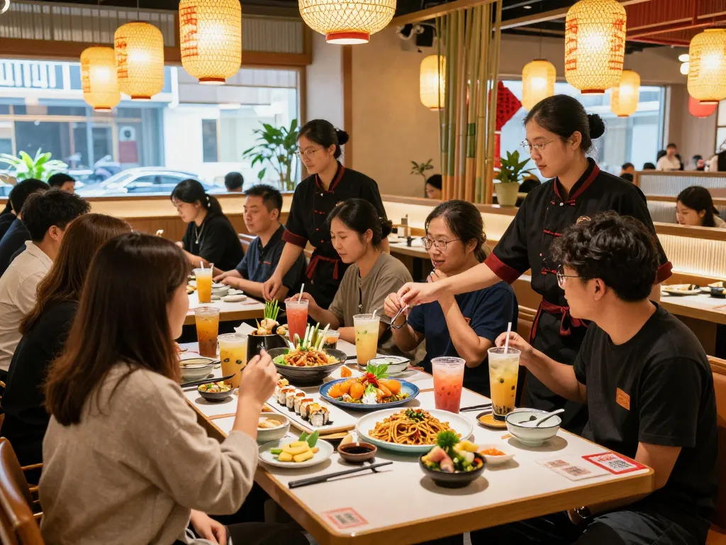 Dining atmosphere at RED88 with guests enjoying sushi and boba tea.