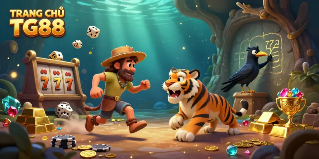 Experience the excitement of TRANG CHỦ TG88 in a lively prehistoric casino scene with fun characters.