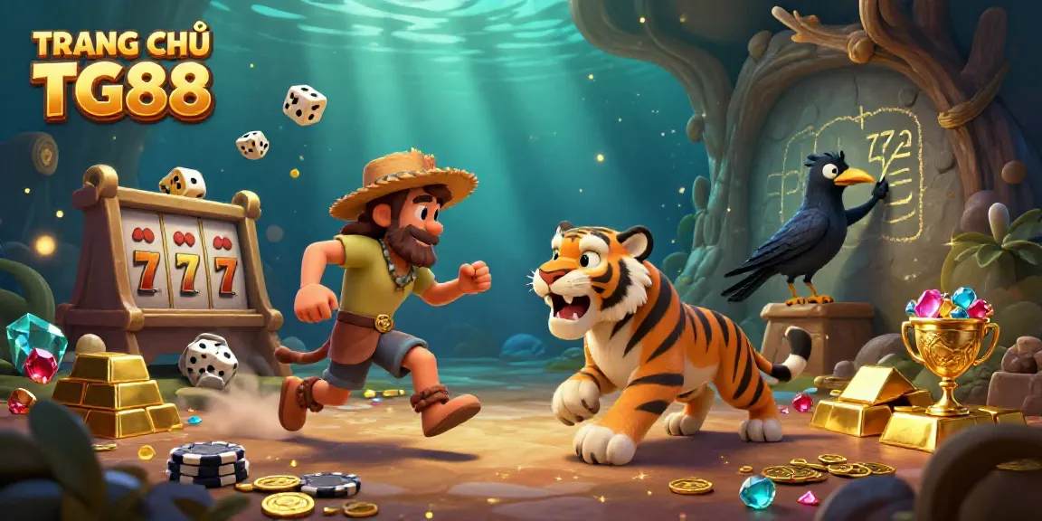 Experience the excitement of TRANG CHỦ TG88 in a lively prehistoric casino scene with fun characters.