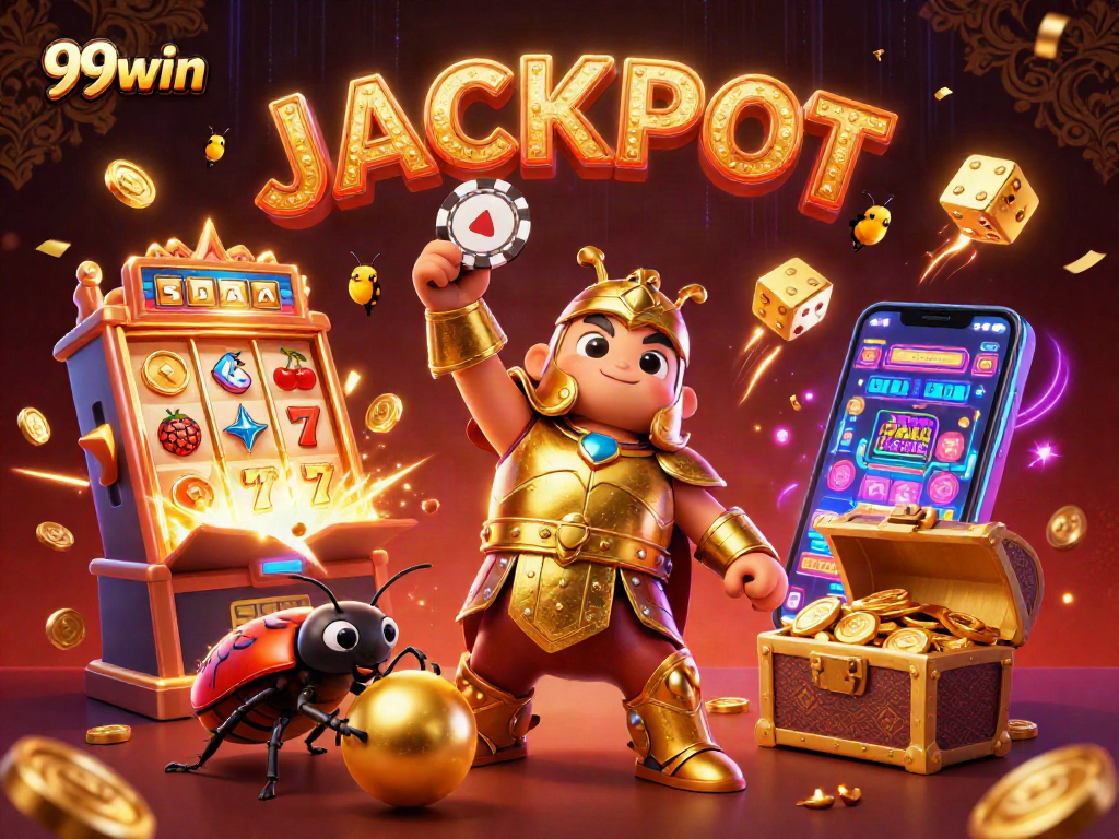 Win big with 99win! A victorious beetle lifts a poker chip amid a casino jackpot explosion.