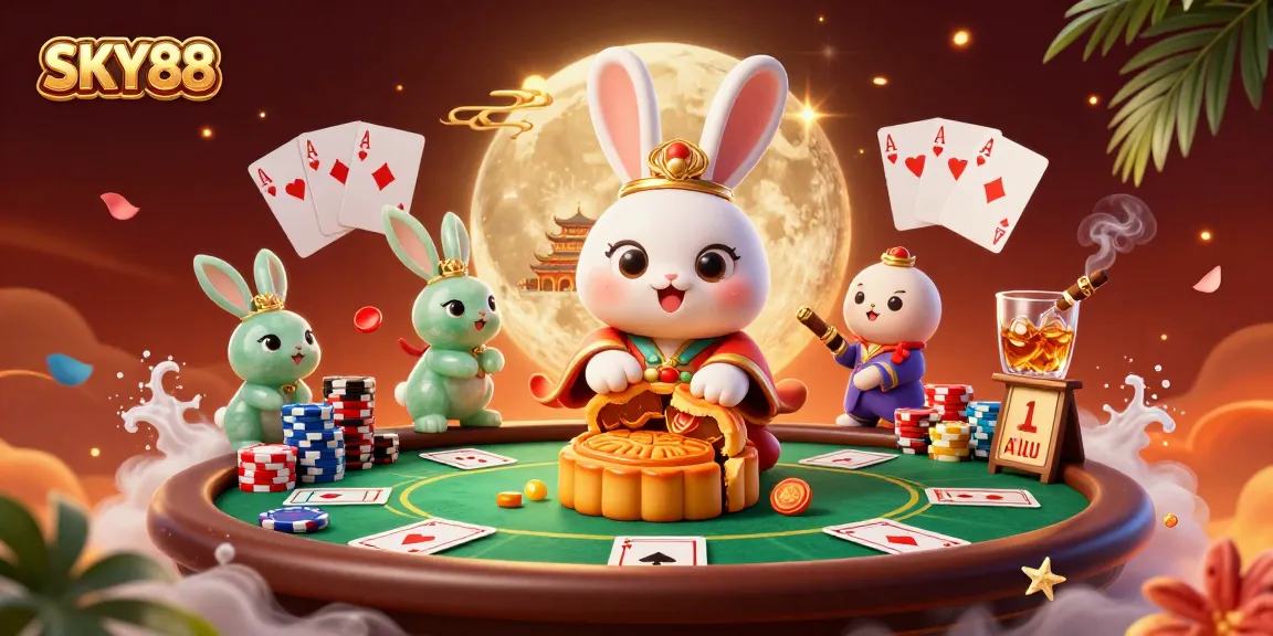 Engage with SKY88's vibrant moon-themed casino art showcasing a chatty moon rabbit and poker chips.