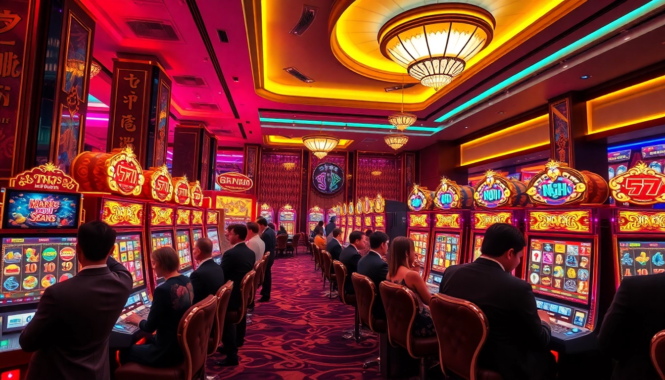 Players celebrating a jackpot win at Nổ Hũ themed slot machines in a luxurious casino environment.