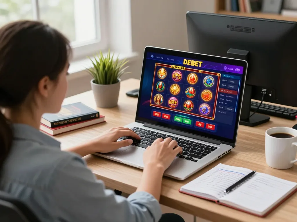 Engaging in online gaming with DEBET platform at home, showcasing a vibrant gambling experience.
