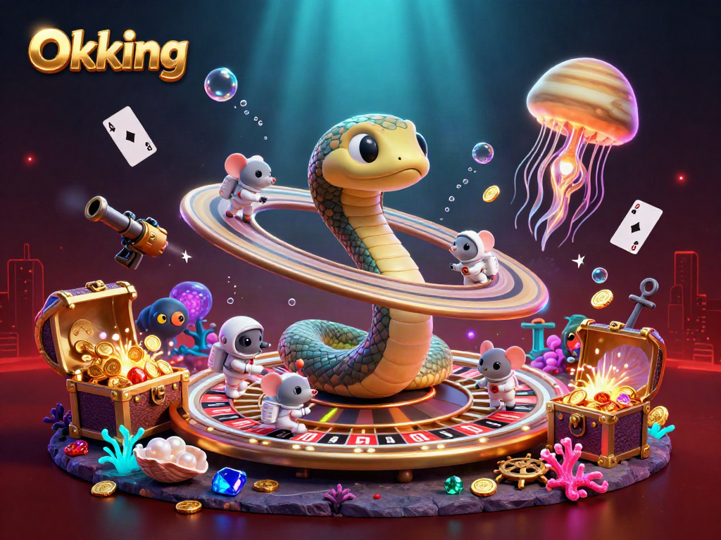 Engage in thrilling bets at Okking's casino with vibrant, whimsical 3D visuals of games and characters.