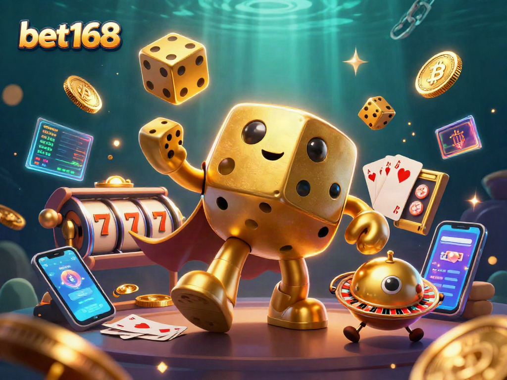 Bet168 casino illustration featuring dynamic golden dice, slot reels, and crypto coins.