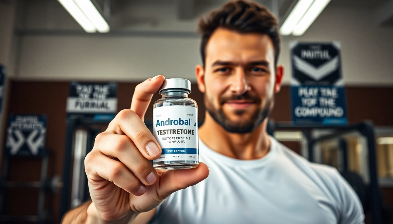 Androbal Testosterone Compound showcased by a fitness coach in an energetic gym environment.