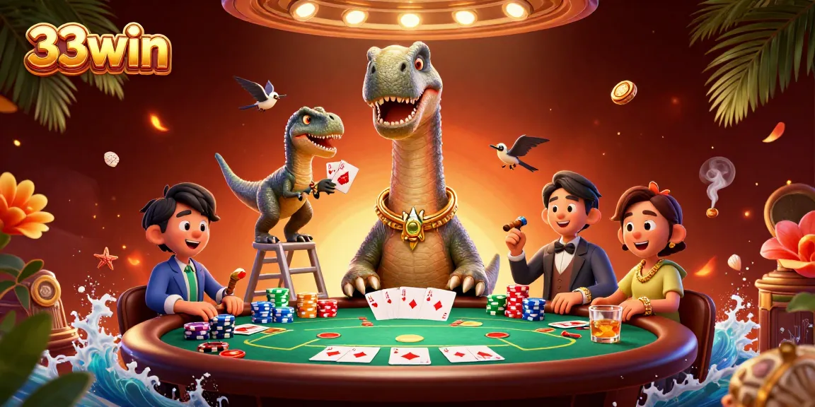 Experience thrilling moments with poker at 33win's vibrant casino scene featuring a giant brontosaurus.