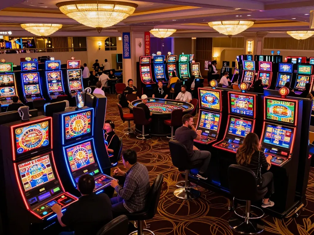 Players enjoy thrilling slot games at 566 casino, surrounded by vibrant lights and exciting atmosphere