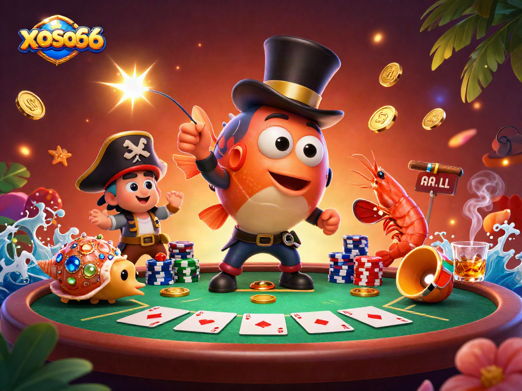 xoso66 attracts golden coins with a glowing anglerfish, amidst vibrant poker elements for high stakes.