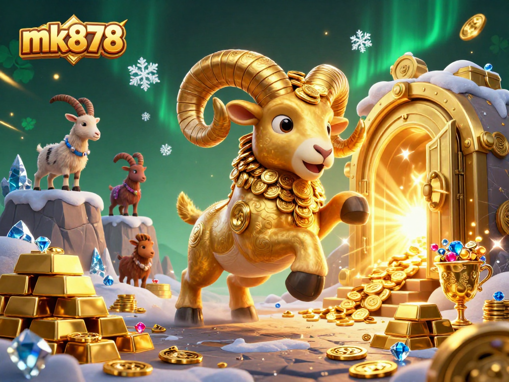 Engage with mk878's vibrant casino scene featuring a golden ram charging through a treasure vault brimming with gems and gold.