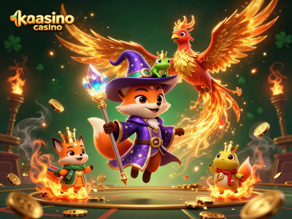 Engage with the magical gaming world of kaasino casino, illustrated with a mystical fox, phoenix, and vibrant casino elements.