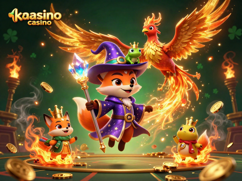 Engage with the magical gaming world of kaasino casino, illustrated with a mystical fox, phoenix, and vibrant casino elements.
