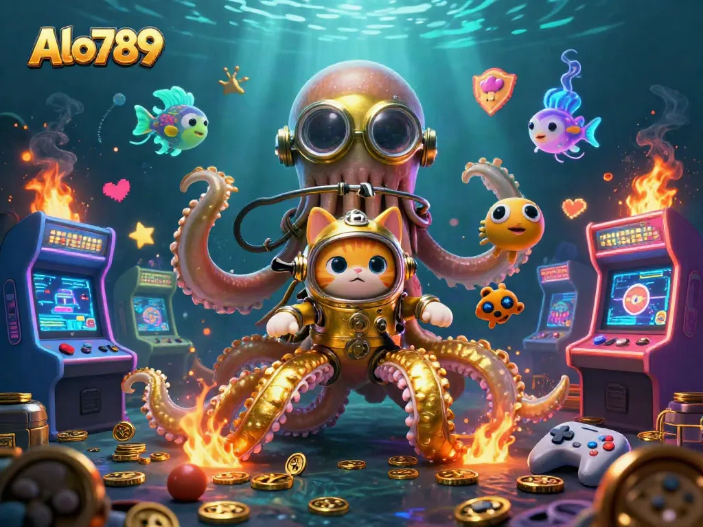 Alo789 showcases thrilling underwater fun with a kraken, diving cat, and glowing game elements.