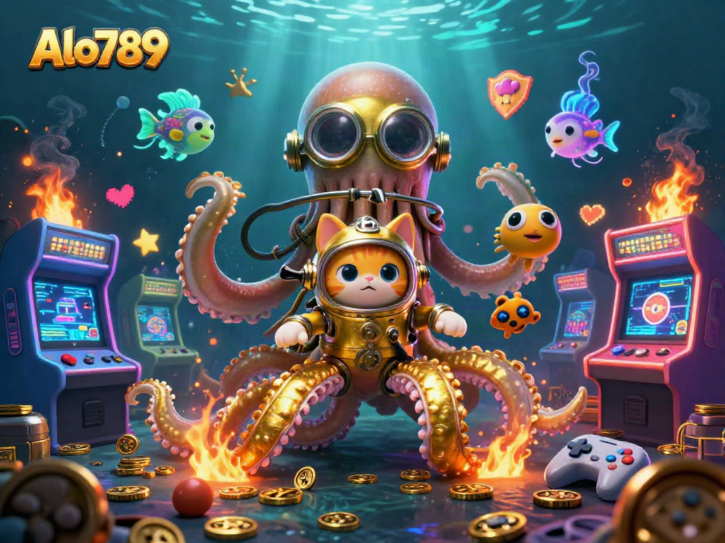 Alo789 showcases thrilling underwater fun with a kraken, diving cat, and glowing game elements.