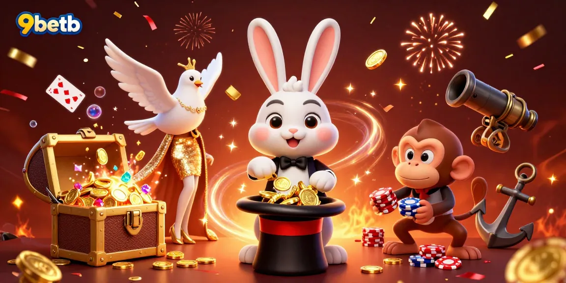 Experience the magic of 9betb with the magician rabbit, glamorous dove, and playful monkey at an exhilarating casino scene.