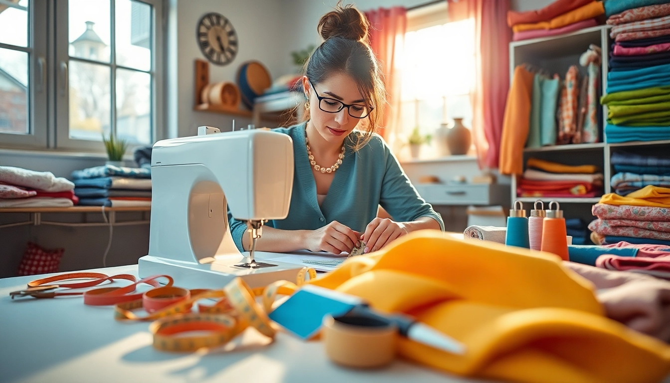 Seamstress working with stoffen voor naaien beginners on a colorful crafting table.