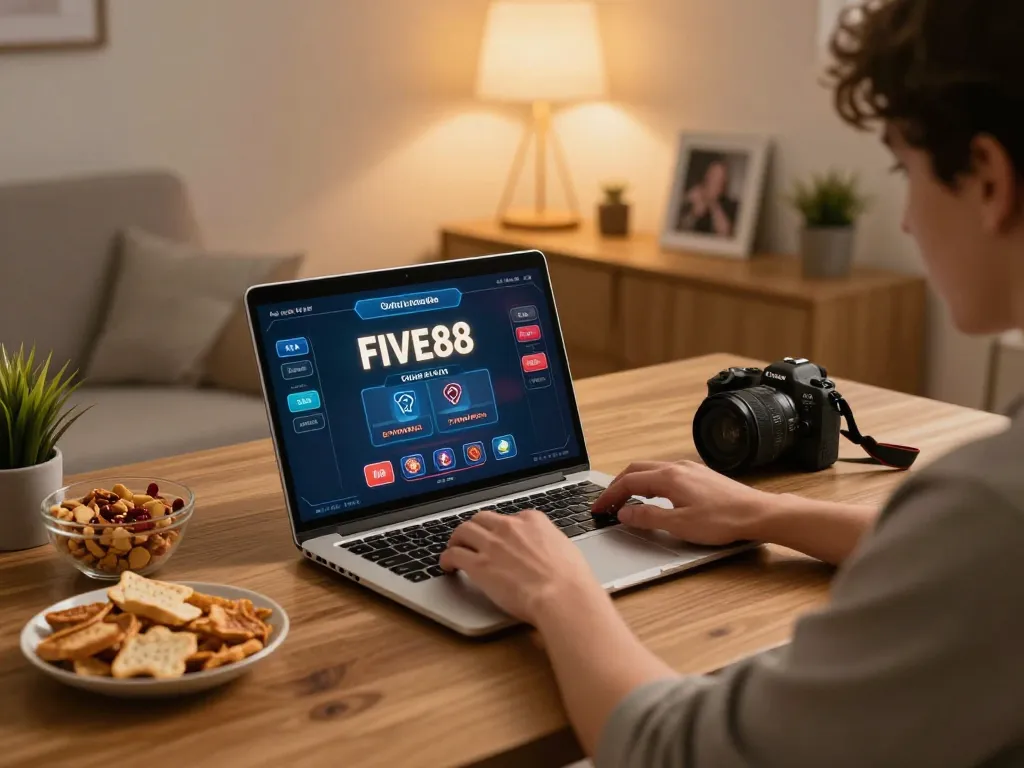 Player enjoying online gaming on FIVE88, showcasing strategic gameplay in a cozy home setting.