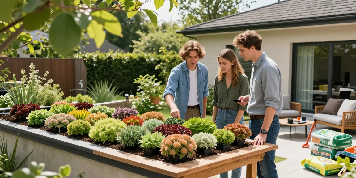 Sedum daken tentoongesteld in een levendige tuinsetting, met een stel dat opties bespreekt.