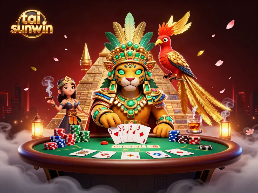Tai sunwin features a vibrant poker scene with a Mayan jaguar priest and a quetzal bird, showcasing casino excitement.